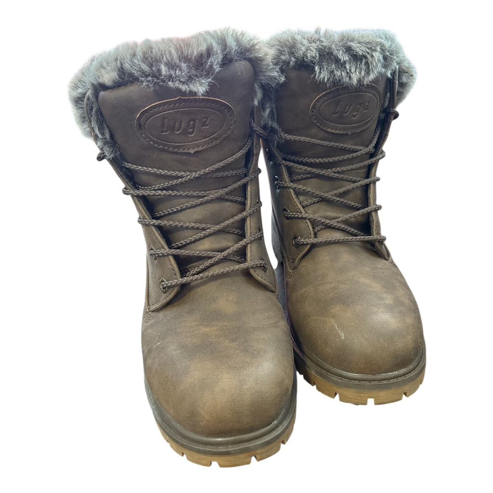Lugz Winter Boots with Fur Trim, Size 10, Brown Leather, Lace-up